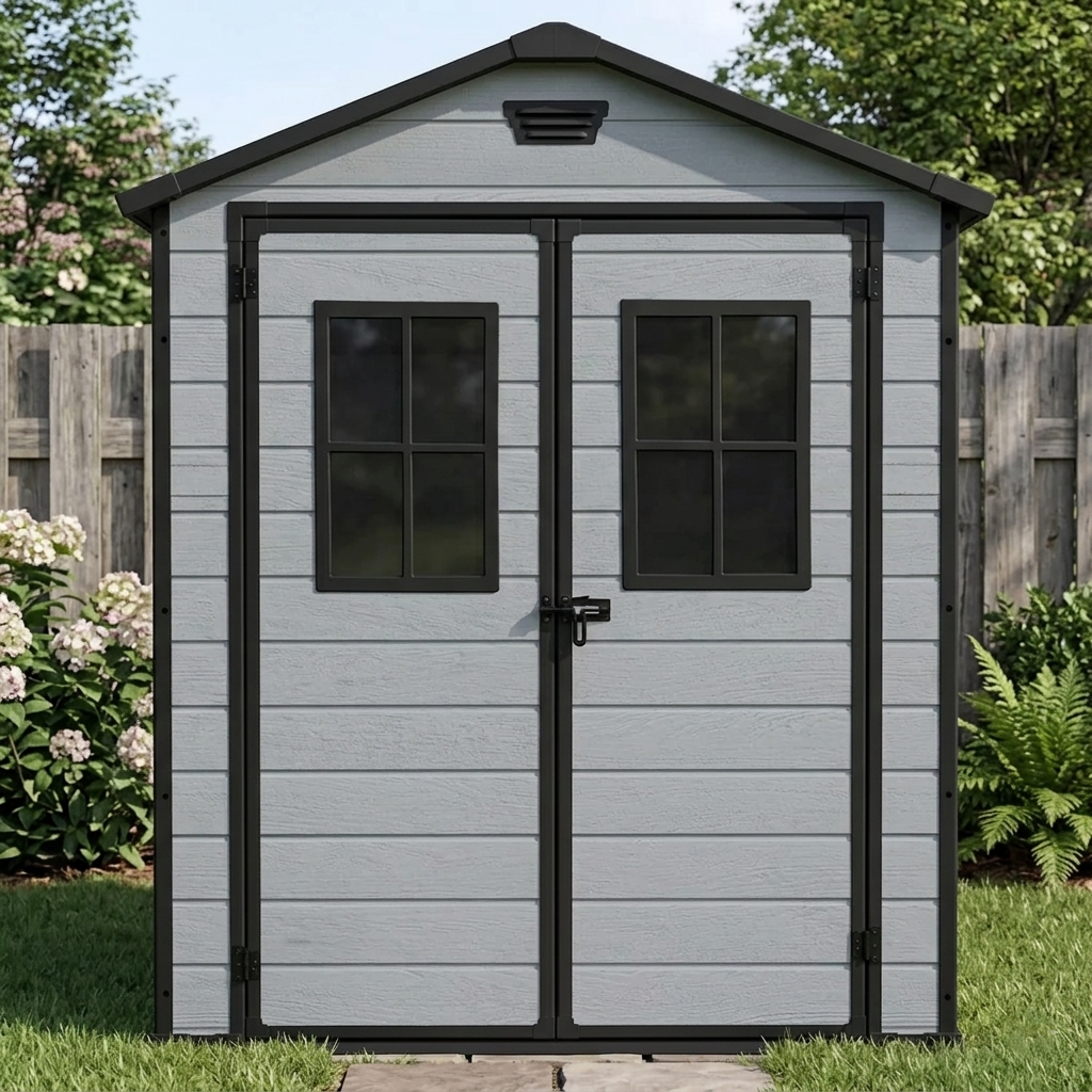 6x5 ft Garden Shed with Windows – Light Grey Storage