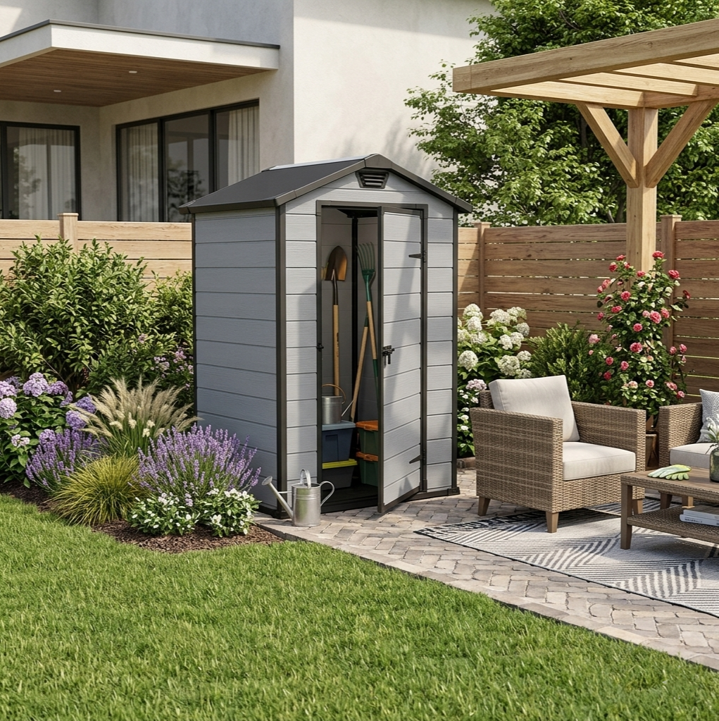 4x3 ft Garden Shed – Light Grey Outdoor Storage